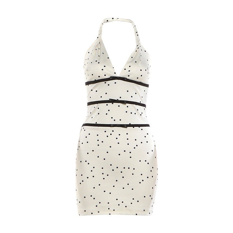 Womens Halterneck Backless Polka-Dot Printed Slim-fit Short Dress