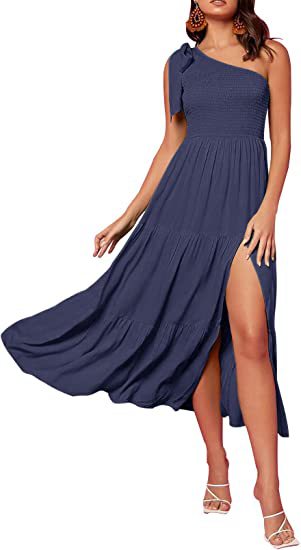 Women One Shoulder Split Dress in navy blue with side slit, perfect for summer fashion and elegant occasions.