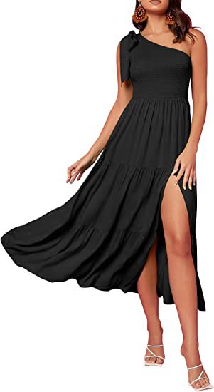 Women One Shoulder Split Dress in black with a side slit, perfect for summer fashion.
