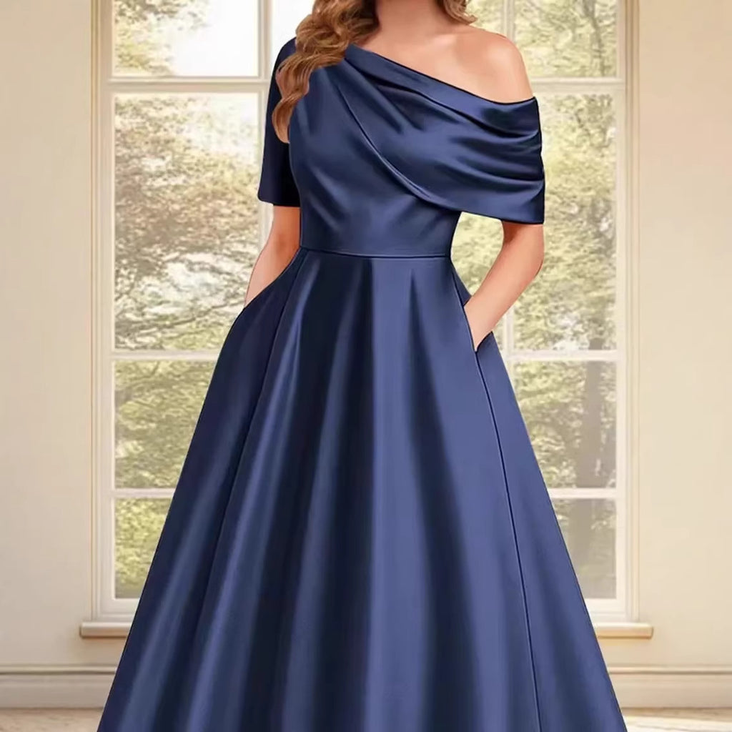 New Elegant And Sophisticated Satin Off-Shoulder Solid Color Dress