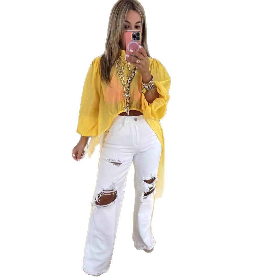 Lightweight Waist-cinchingBubble-sleeved Asymmetrical Top Womens Blouse Dress