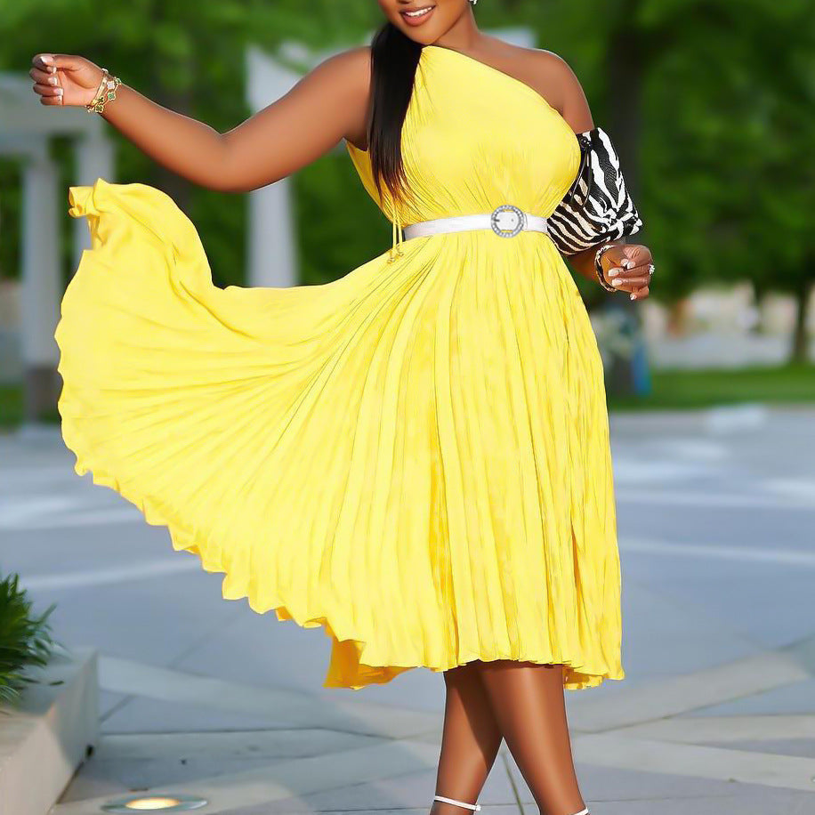 Womens Solid-Colored Pleated Maxi-Skirt Casual Dress