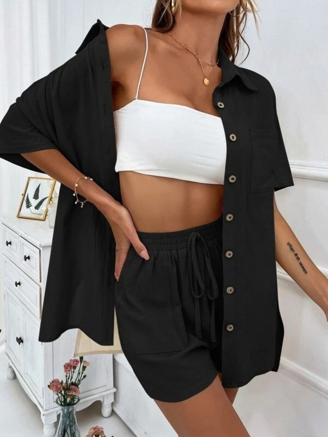 Cross-border Foreign Trade Women's Amazon AliExpress Hot-selling Distressed Cardigan Shorts Fashionable Elegant Casual Women's Set