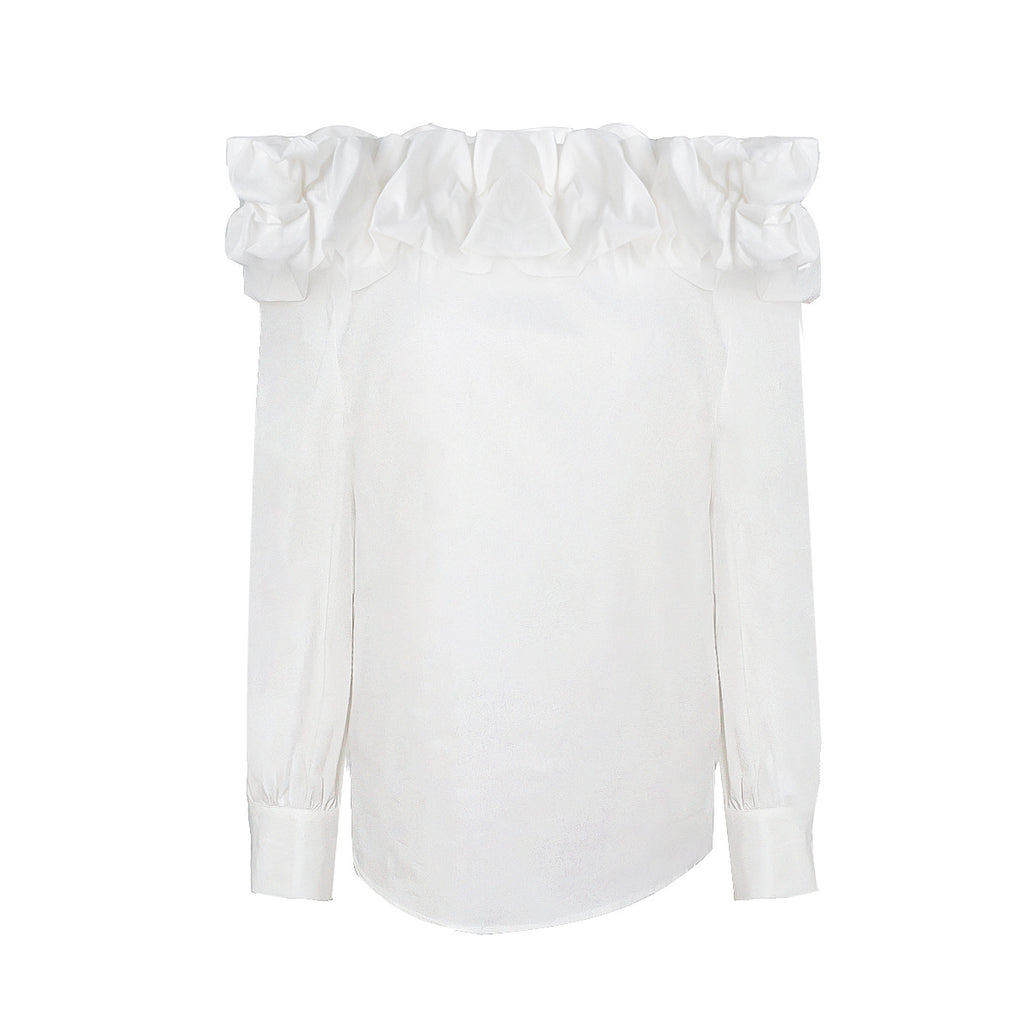 White Bud-collared Off-shoulder Blouse Top