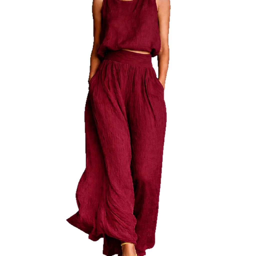 Casual Sleeveless Loose Crew-Neck Top And Wide-Leg Pants Set