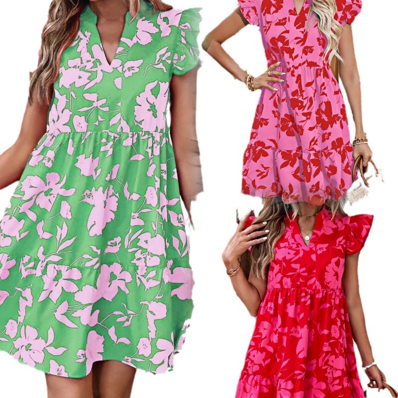 Lotus-Leaf Sleeve Loose V-Neck Printed Floral Dress