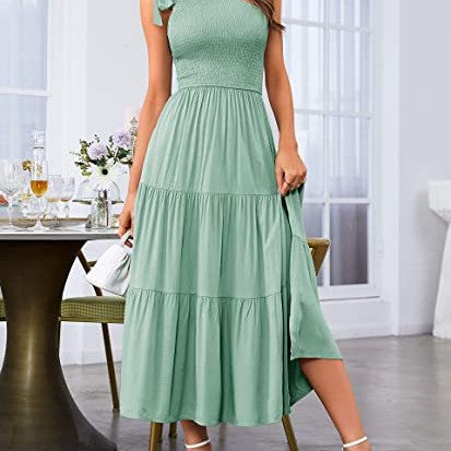 Women one shoulder split dress in green with side slit, perfect for summer fashion and elegant occasions.