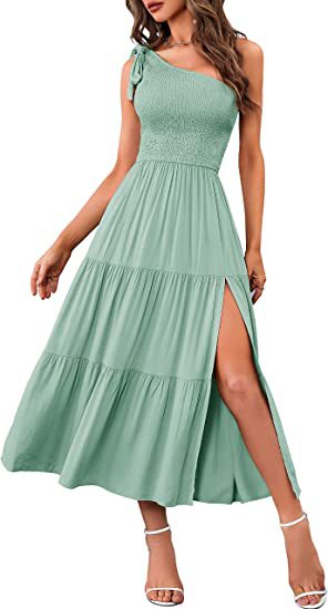 Women One Shoulder Split Dress - stylish pleated design with side slit, perfect for summer occasions.