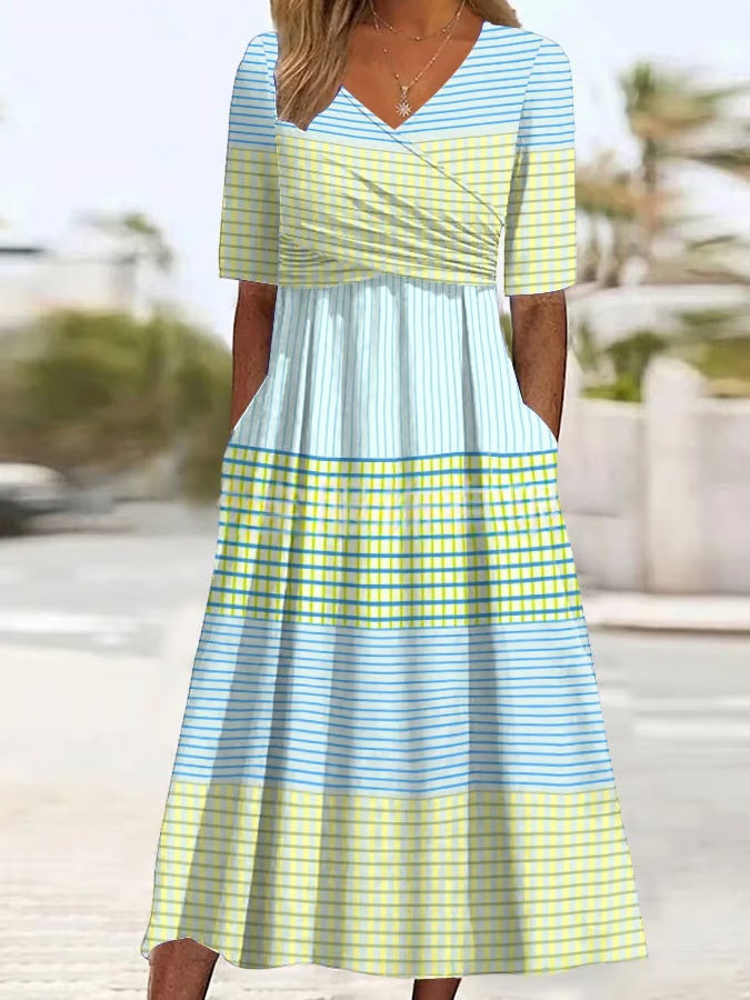 V-neck Short-sleeve Belted Maxi Dress With Pockets
