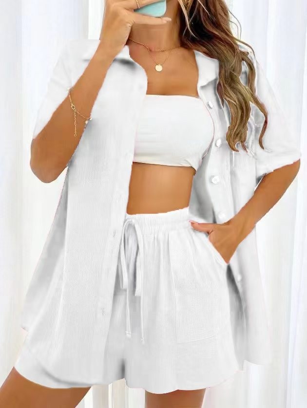 Cross-border Foreign Trade Women's Amazon AliExpress Hot-selling Distressed Cardigan Shorts Fashionable Elegant Casual Women's Set