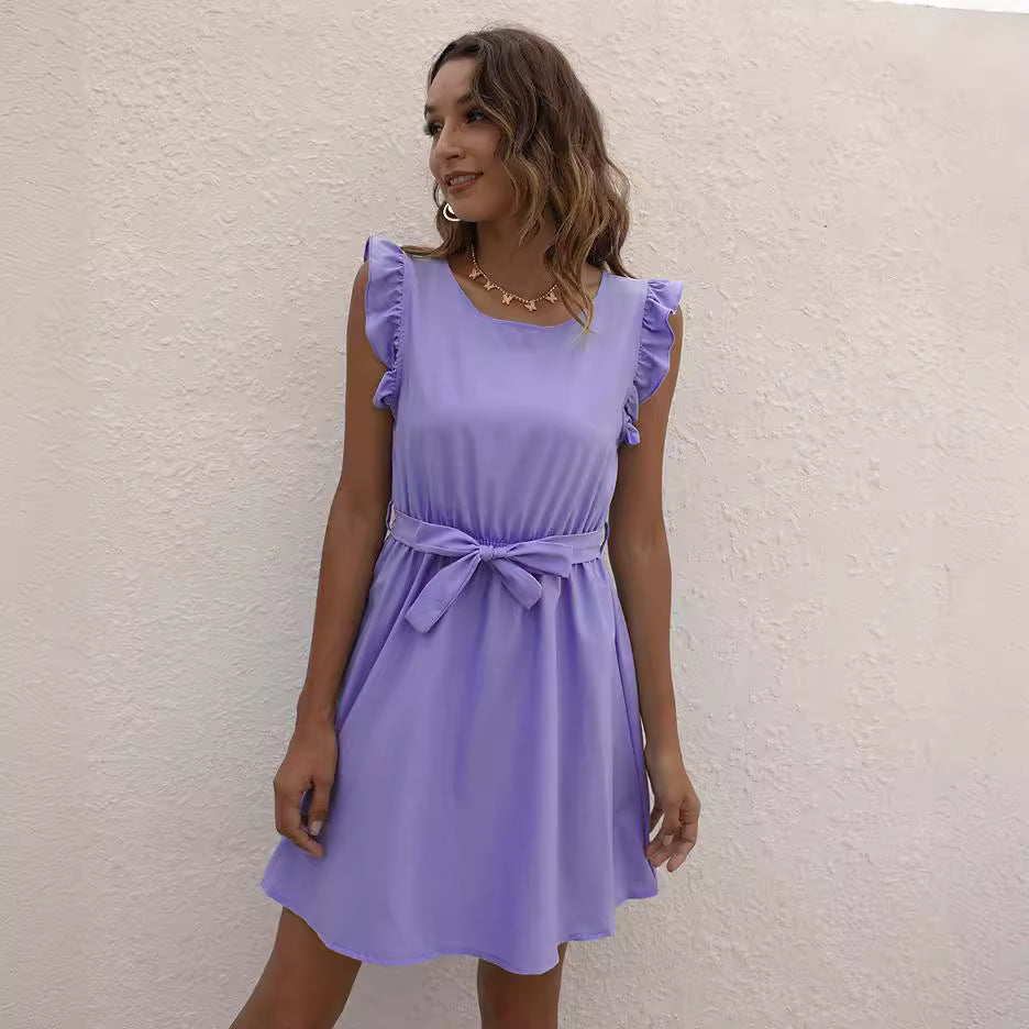Womens Solid-Color Crew-Neck Lace-Up Waist-Cinched Dress