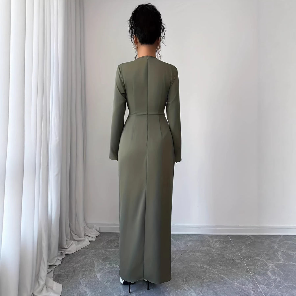AutumnWinter Solid Color Elegant V Neck Pleated Long Sleeve Dress