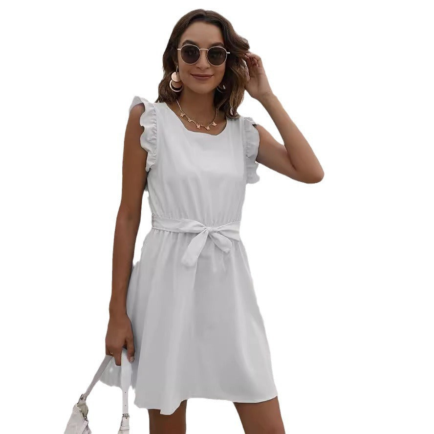 Womens Solid-Color Crew-Neck Lace-Up Waist-Cinched Dress