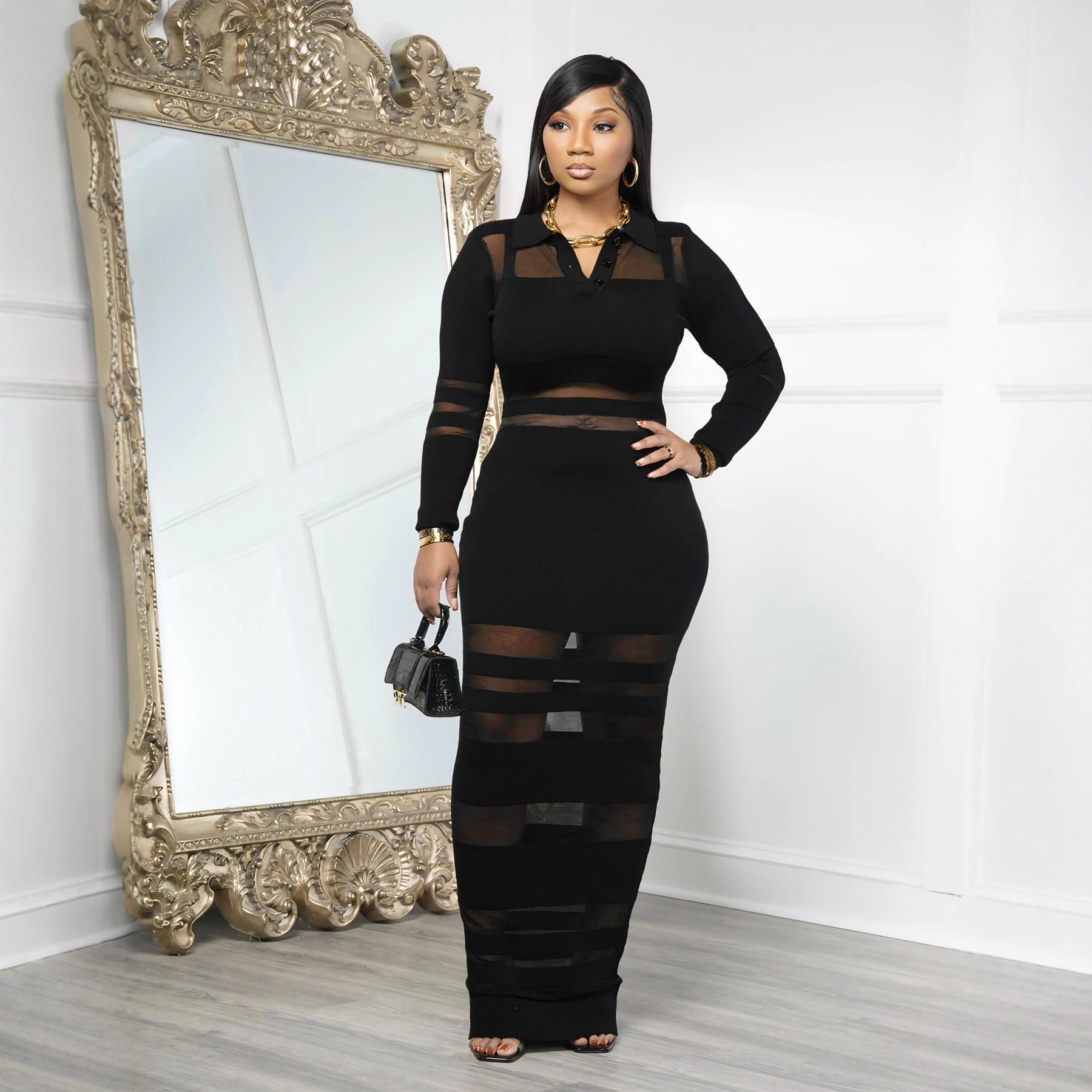 Mesh-Panel Autumn Winter Slim-Fit Sheath Dress With Defined Waist For A Slimmer Look