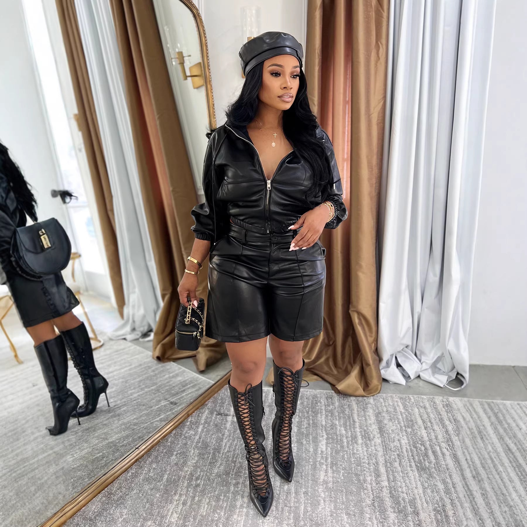 European And American-style Fashion Long-sleeve Top And Shorts Set