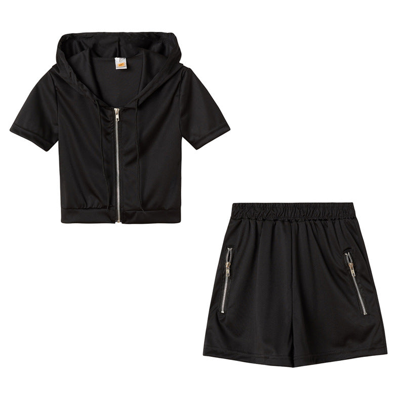 European And American Style Solid Color Sporty Casual Two-Piece Set With Hood And Zipper