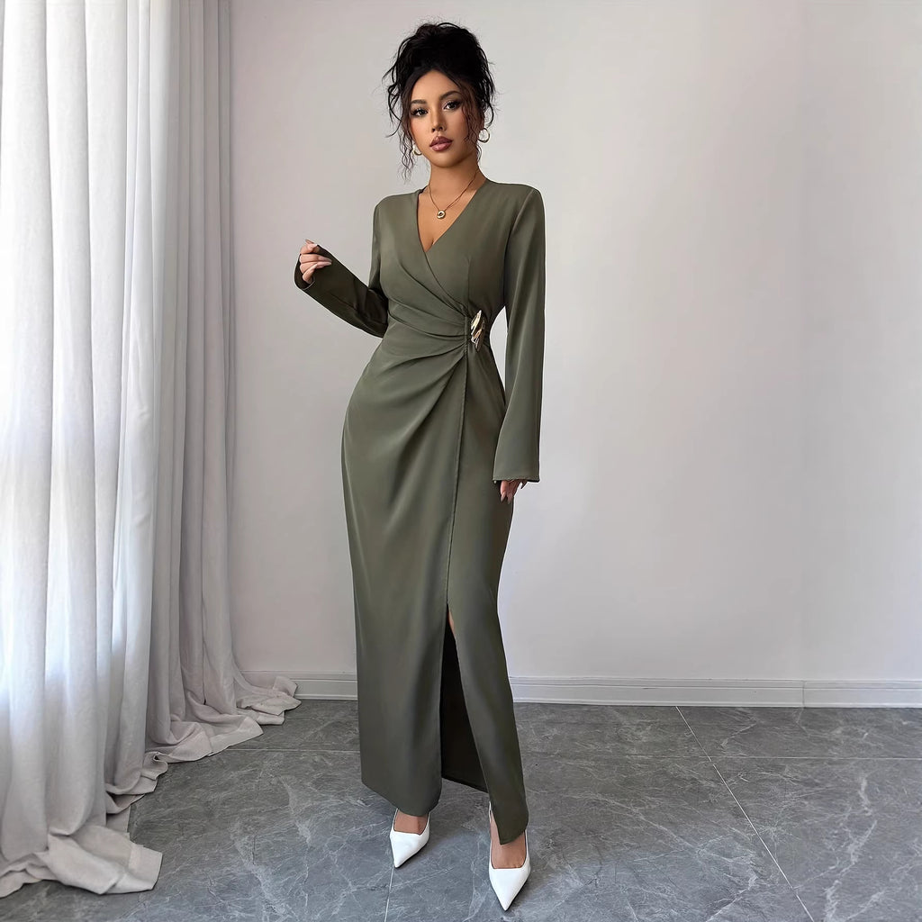 AutumnWinter Solid Color Elegant V Neck Pleated Long Sleeve Dress