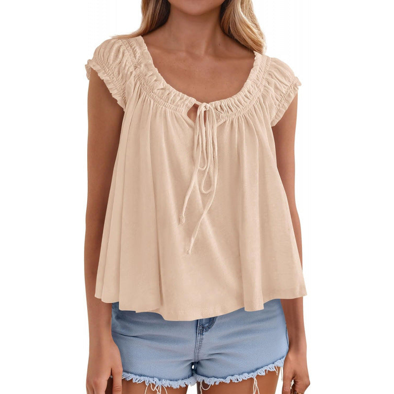 Lace-up Ruffle-Trimmed Shirt Summer New Style Fashionable Pleated Top