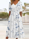 V-neck Short-sleeve Belted Maxi Dress With Pockets
