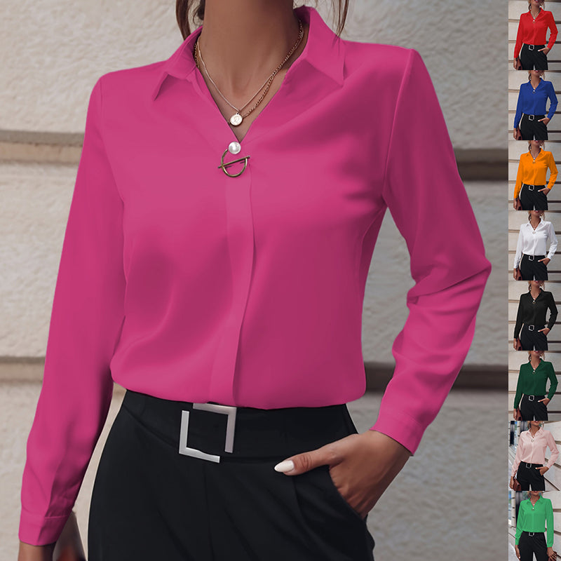 Commuter V-neck Long-sleeved Shirts Ins Fashion Solid Color Pullover Top Autumn And Spring Women's Clothing