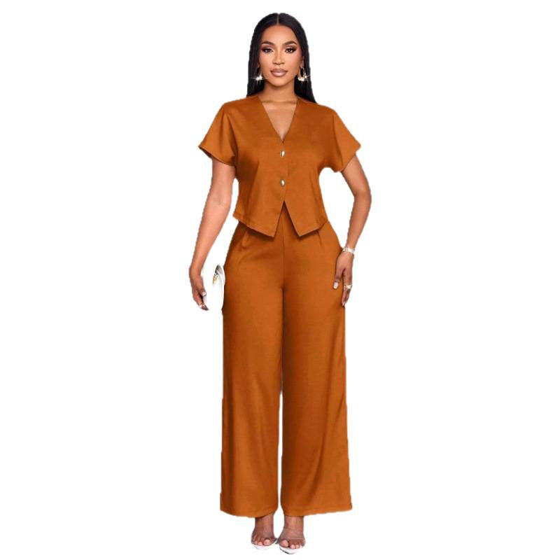 Short-sleeve V-neck Irregular Cardigan And Straight-leg Wide-leg Pants Set
