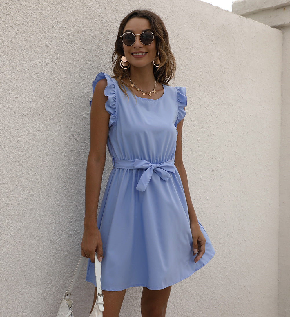 Womens Solid-Color Crew-Neck Lace-Up Waist-Cinched Dress