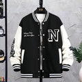 Letter Print Color Block Jacket Ins Fashion Loose Button Round Neck Baseball Coat Top For Men