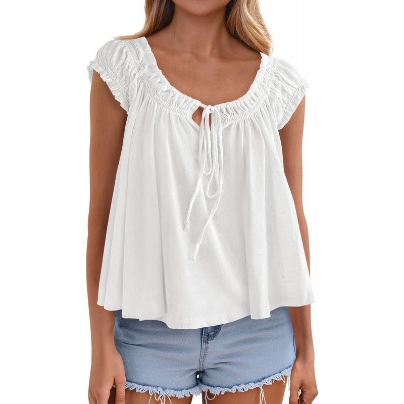 Lace-up Ruffle-Trimmed Shirt Summer New Style Fashionable Pleated Top