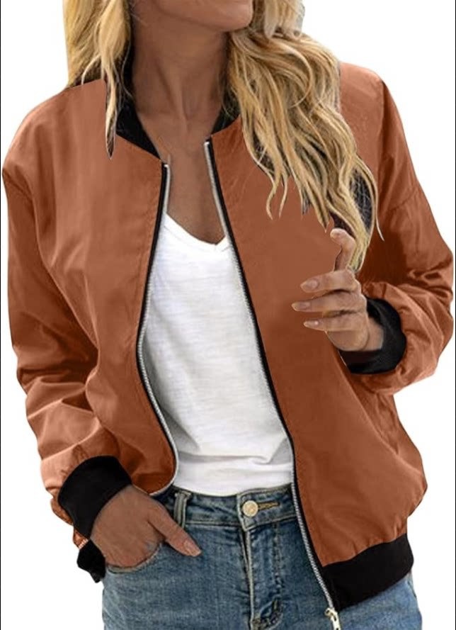 Women's Solid Color Cool Girl Baseball Jackets Round Neck Zipper Vintage Bomber Jacket Autumn Casual Female Bomber Jacket Chic Outerwear