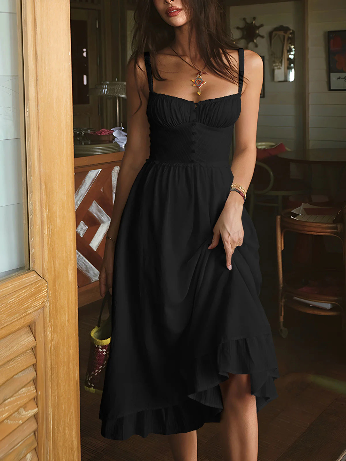 French-style Resort Slip Dress Sexy Open-back Solid Color High-waisted Figure-flattering