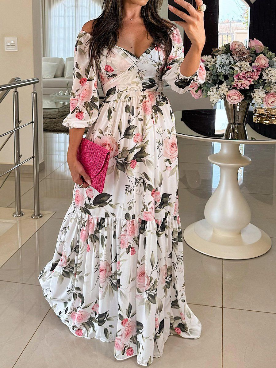 Fashion Elegant V-Neck Printed Tie-Waist Maxi Dress