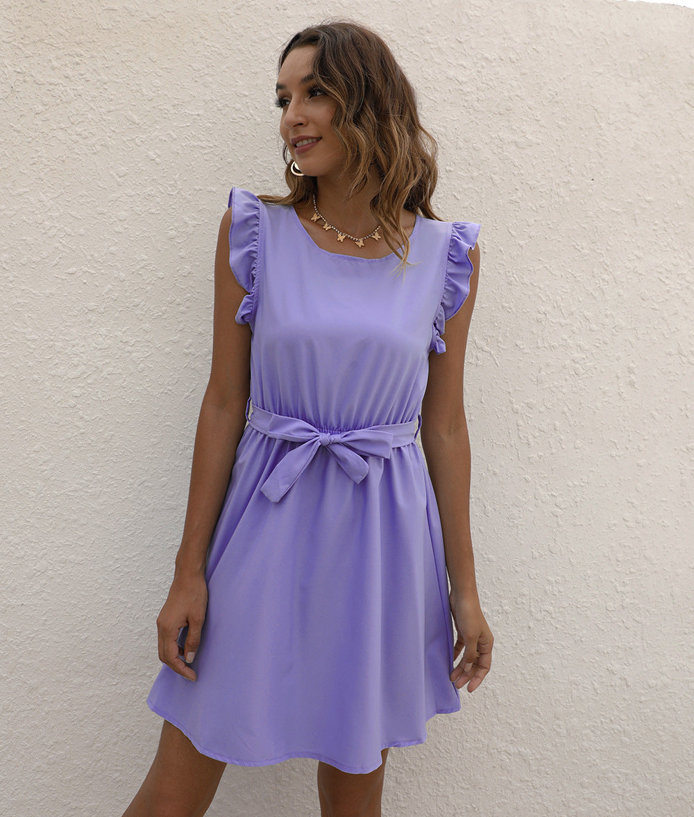 Womens Solid-Color Crew-Neck Lace-Up Waist-Cinched Dress
