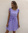 Womens Solid-Color Crew-Neck Lace-Up Waist-Cinched Dress