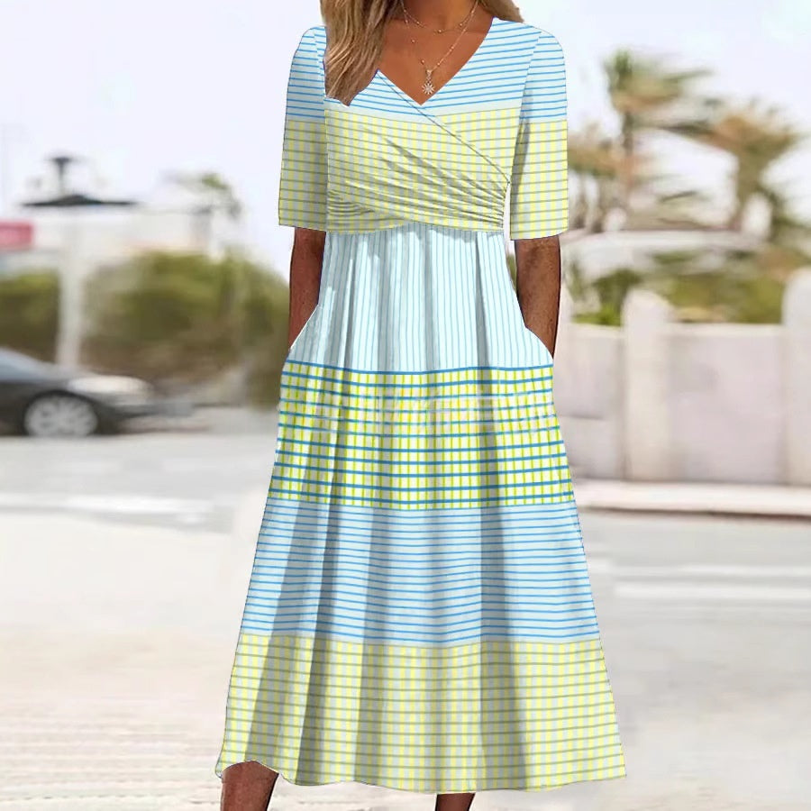 V-neck Short-sleeve Belted Maxi Dress With Pockets